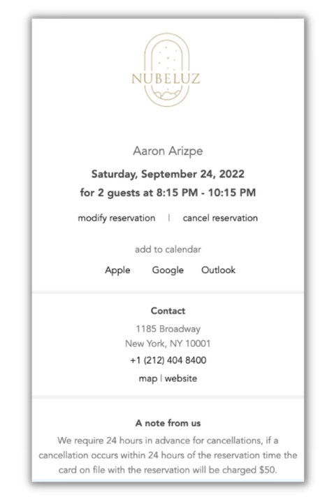 Nubeluz Reservation Confirmation Email